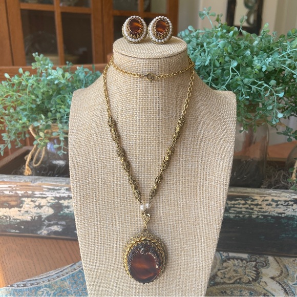 W Germany Necklace & Earrings ornate gilt tortoise color with tiny pearls - Picture 14 of 17